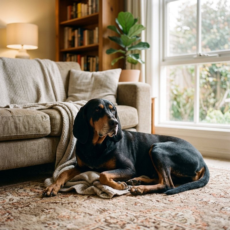 "Black And Tan Coonhound at home"