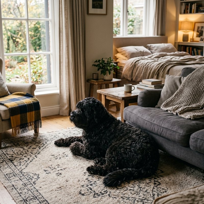 "Black Russian Terrier at home"