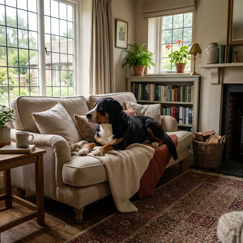 "Greater Swiss Mountain Dog at home"