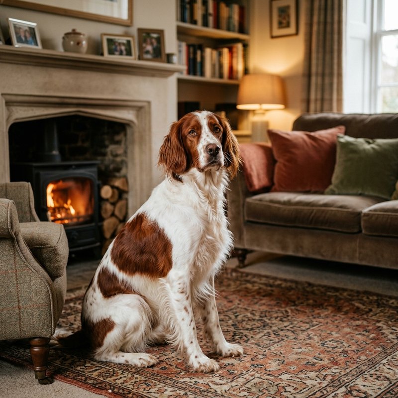 "Irish Red And White Setter at home"