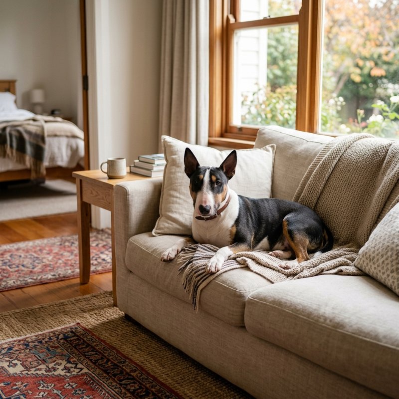 "Miniature Bull Terrier at home"