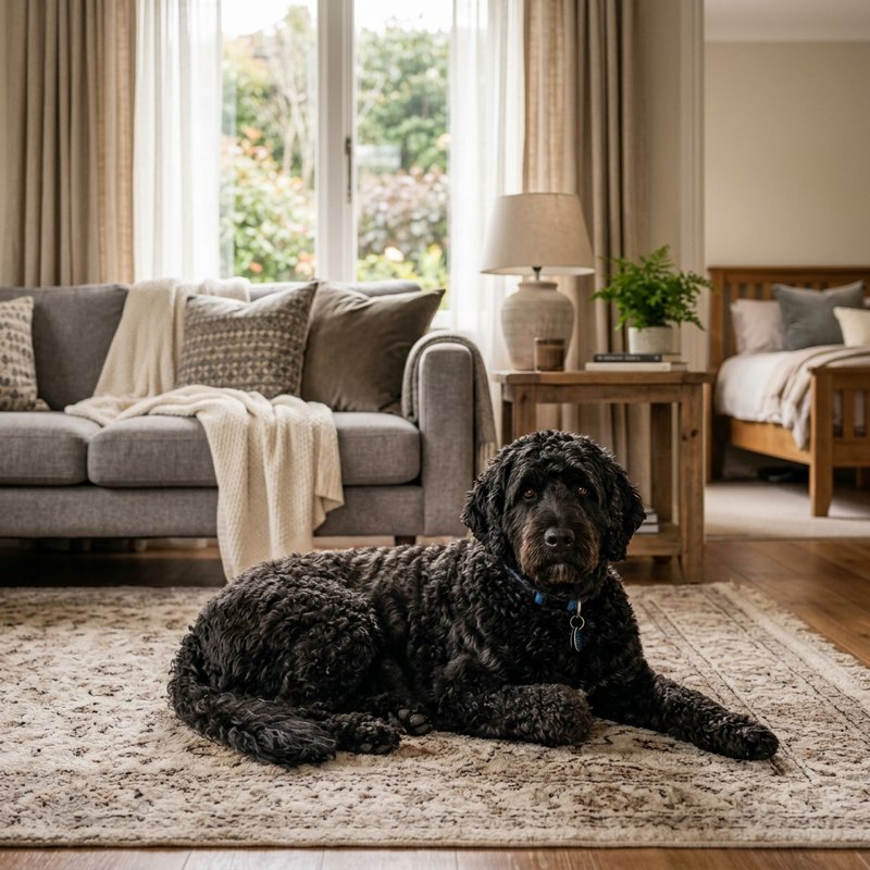 "Portuguese Water Dog at home"