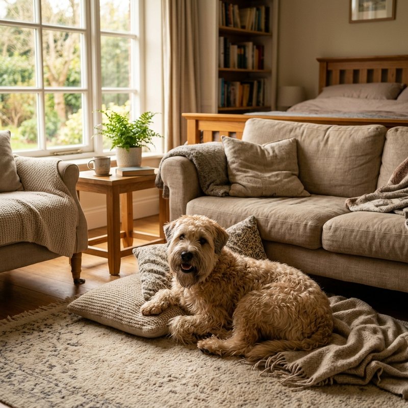 "Soft Coated Wheaten Terrier at home"