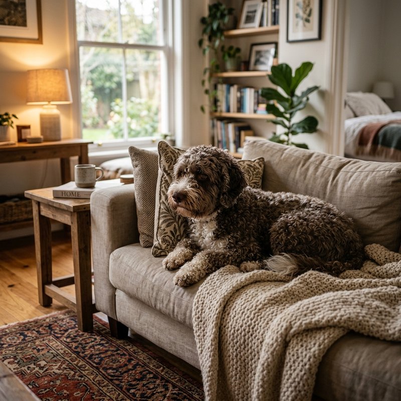 "Spanish Water Dog at home"