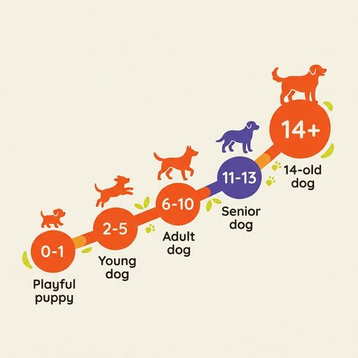 Life-stage timeline illustration for 14-year-old dogs