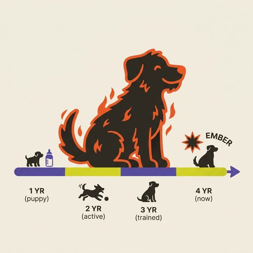 Life-stage timeline illustration for 4-year-old dogs