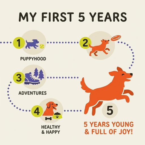Life-stage timeline illustration for 5-year-old dogs