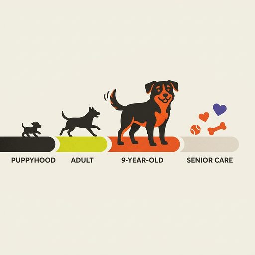 Life-stage timeline illustration for 9-year-old dogs